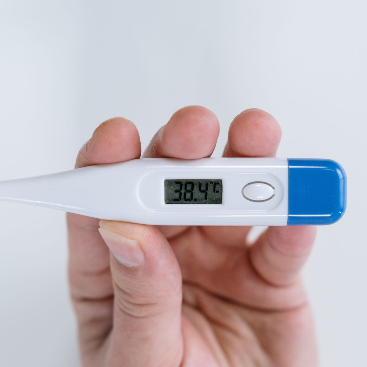Main qui tient un thermomètre électronique blanc à embout bleu, l’écran affiche 38,4 °C